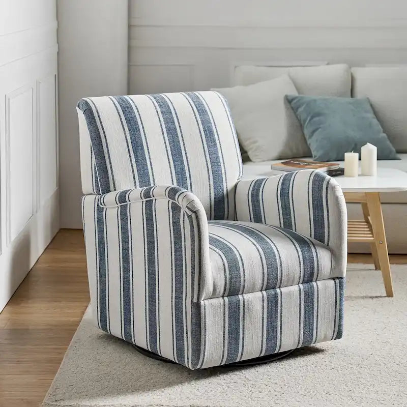Black/Navy/Grey/Blue Jacobean Stripe Traditional Swivel Armchair, Single Seat