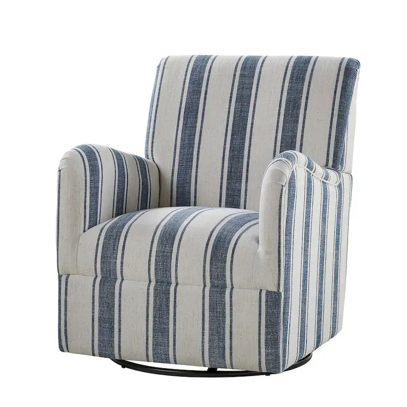 Black/Navy/Grey/Blue Jacobean Stripe Traditional Swivel Armchair, Single Seat