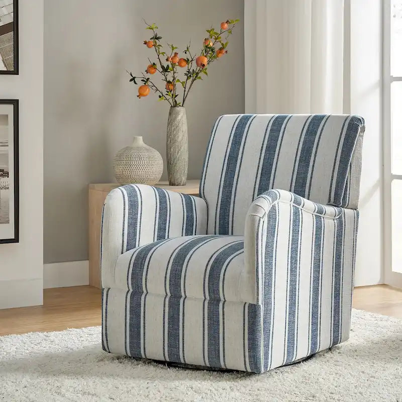 Black/Navy/Grey/Blue Jacobean Stripe Traditional Swivel Armchair, Single Seat