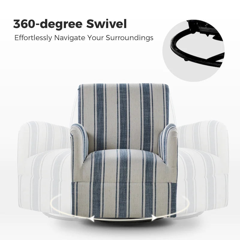 Black/Navy/Grey/Blue Jacobean Stripe Traditional Swivel Armchair, Single Seat