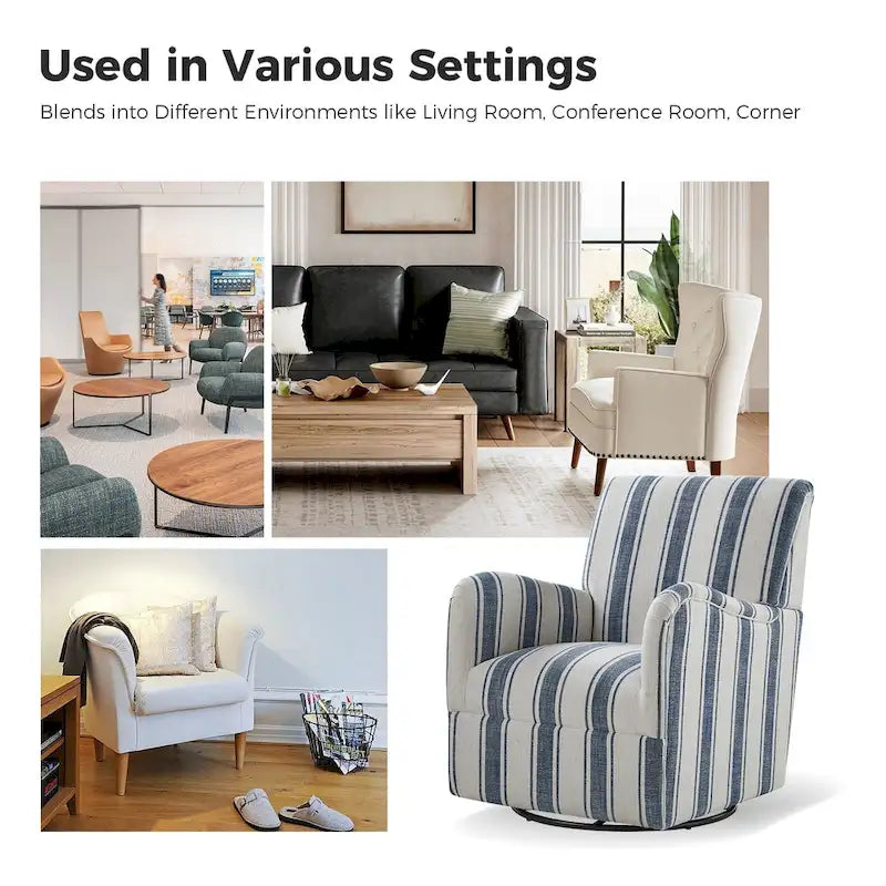 Black/Navy/Grey/Blue Jacobean Stripe Traditional Swivel Armchair, Single Seat