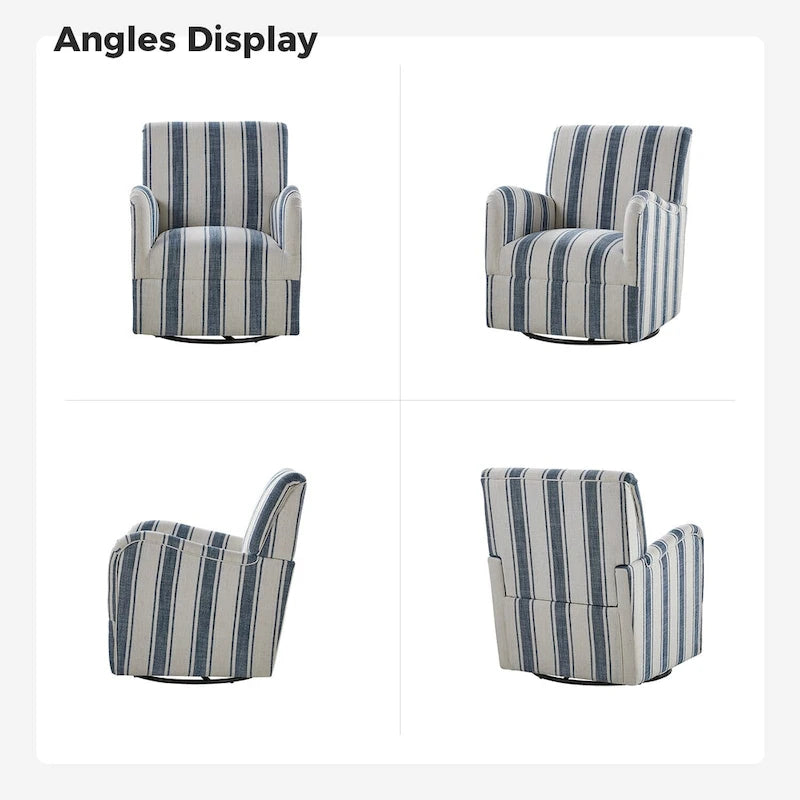 Black/Navy/Grey/Blue Jacobean Stripe Traditional Swivel Armchair, Single Seat