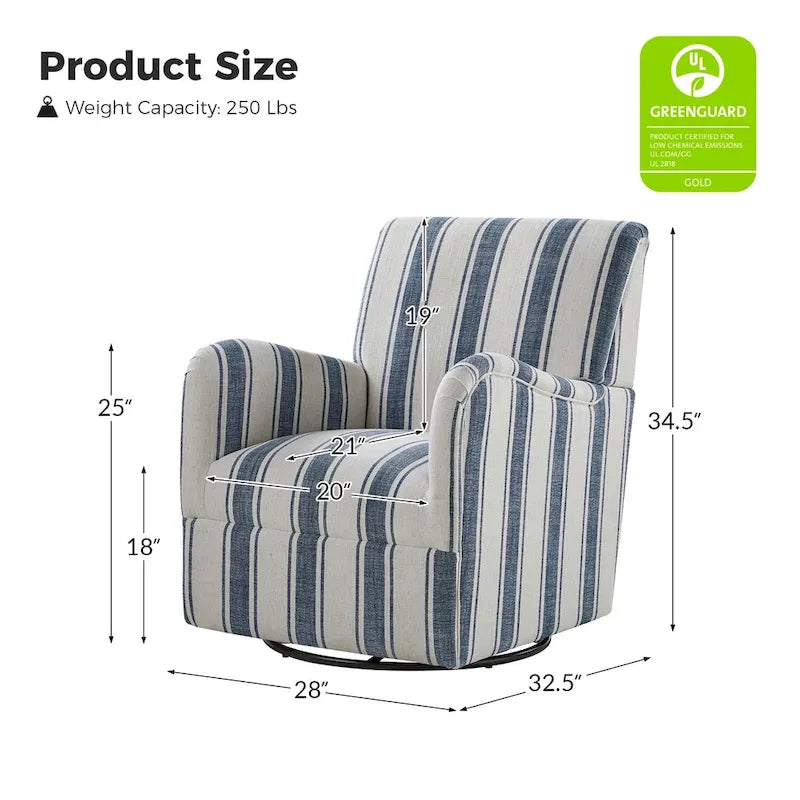 Black/Navy/Grey/Blue Jacobean Stripe Traditional Swivel Armchair, Single Seat