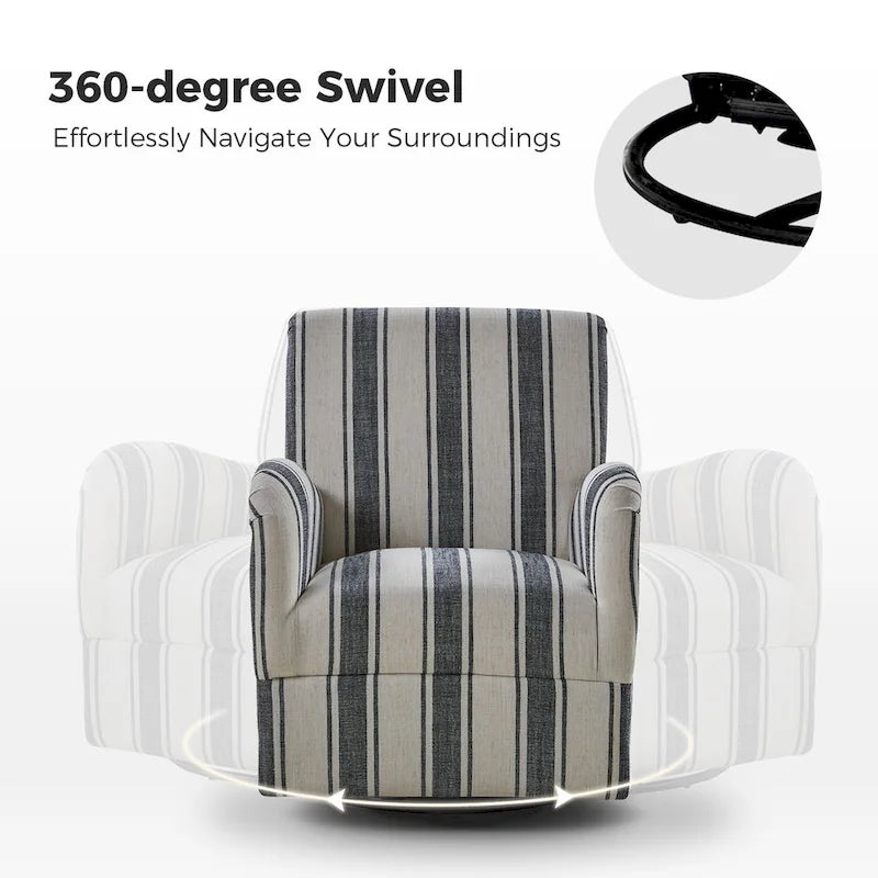 Black/Navy/Grey/Blue Jacobean Stripe Traditional Swivel Armchair, Single Seat