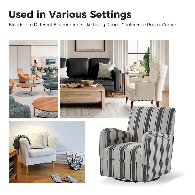Black/Navy/Grey/Blue Jacobean Stripe Traditional Swivel Armchair, Single Seat