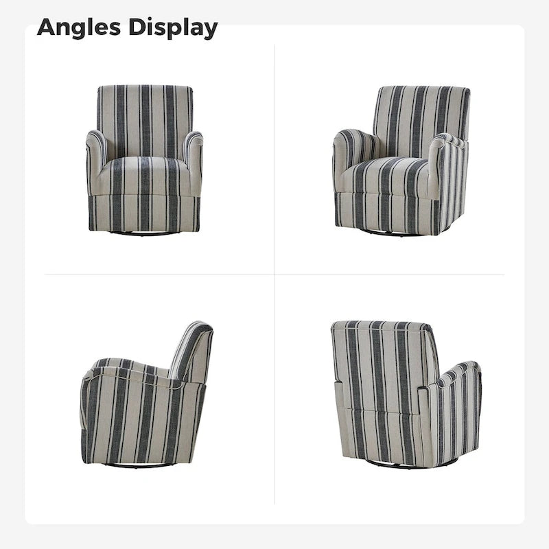 Black/Navy/Grey/Blue Jacobean Stripe Traditional Swivel Armchair, Single Seat