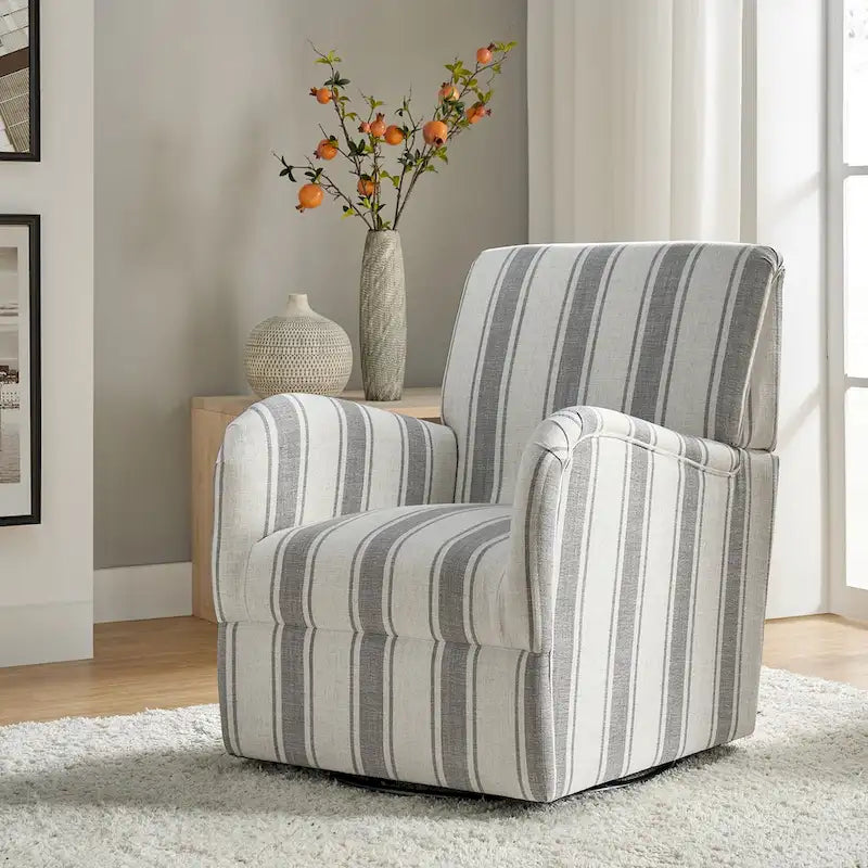 Black/Navy/Grey/Blue Jacobean Stripe Traditional Swivel Armchair, Single Seat
