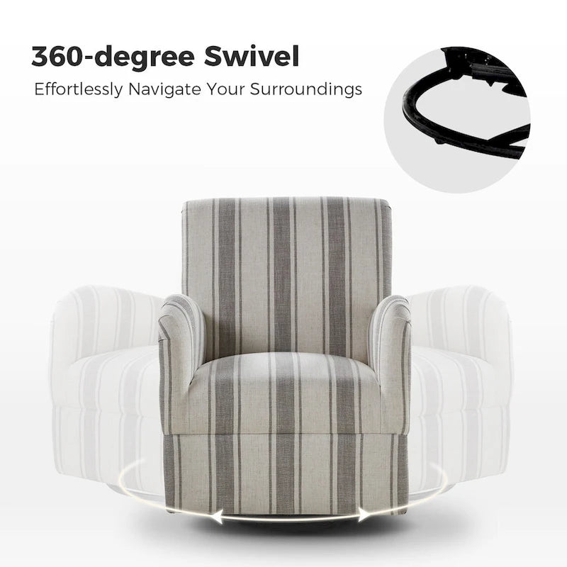 Black/Navy/Grey/Blue Jacobean Stripe Traditional Swivel Armchair, Single Seat