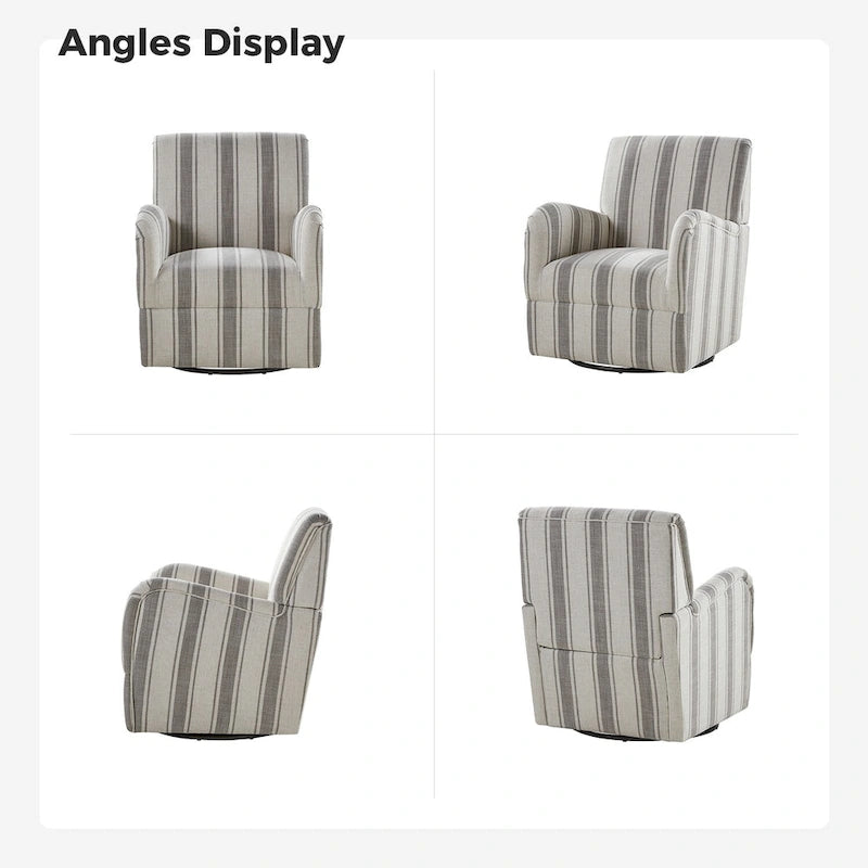 Black/Navy/Grey/Blue Jacobean Stripe Traditional Swivel Armchair, Single Seat