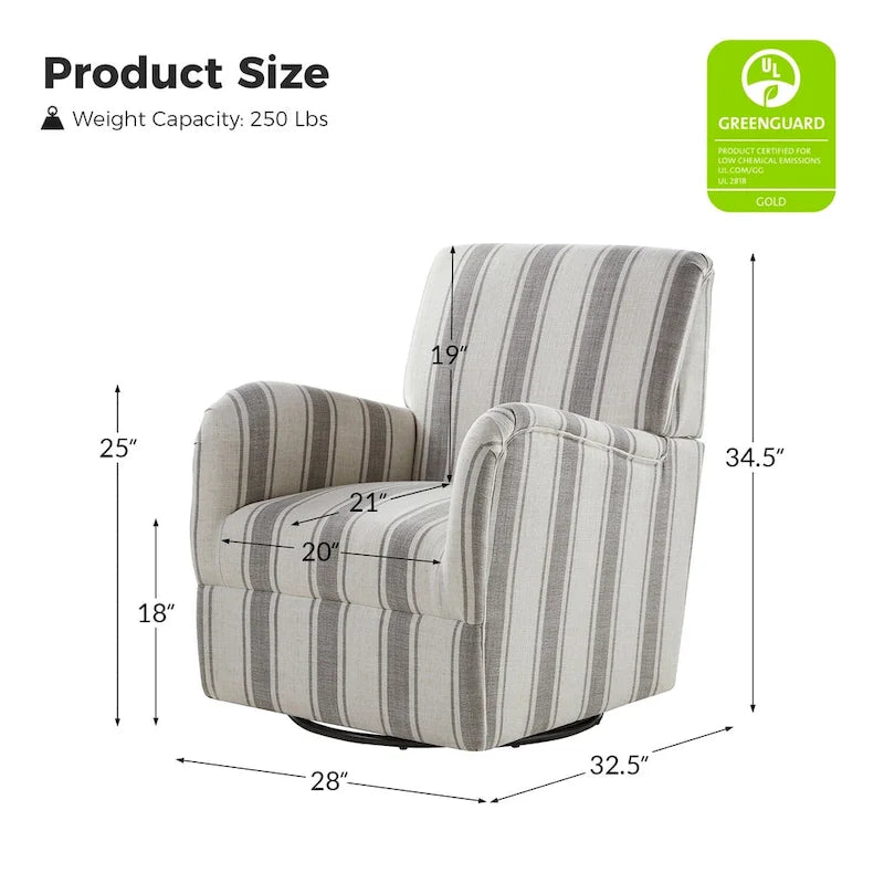 Black/Navy/Grey/Blue Jacobean Stripe Traditional Swivel Armchair, Single Seat