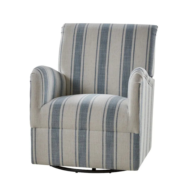 Black/Navy/Grey/Blue Jacobean Stripe Traditional Swivel Armchair, Single Seat