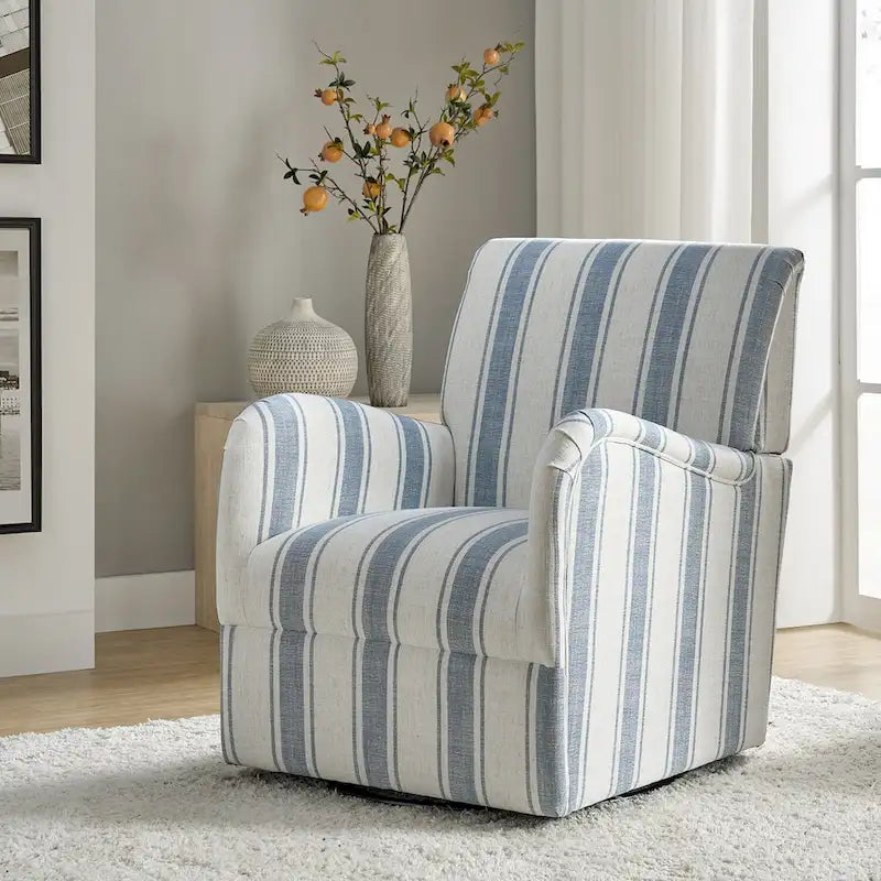 Black/Navy/Grey/Blue Jacobean Stripe Traditional Swivel Armchair, Single Seat