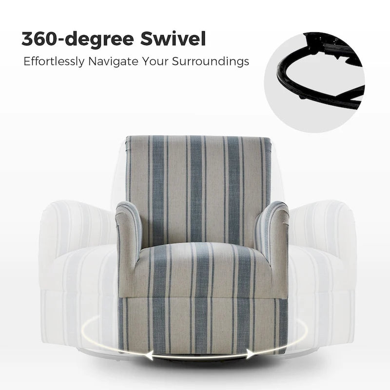 Black/Navy/Grey/Blue Jacobean Stripe Traditional Swivel Armchair, Single Seat