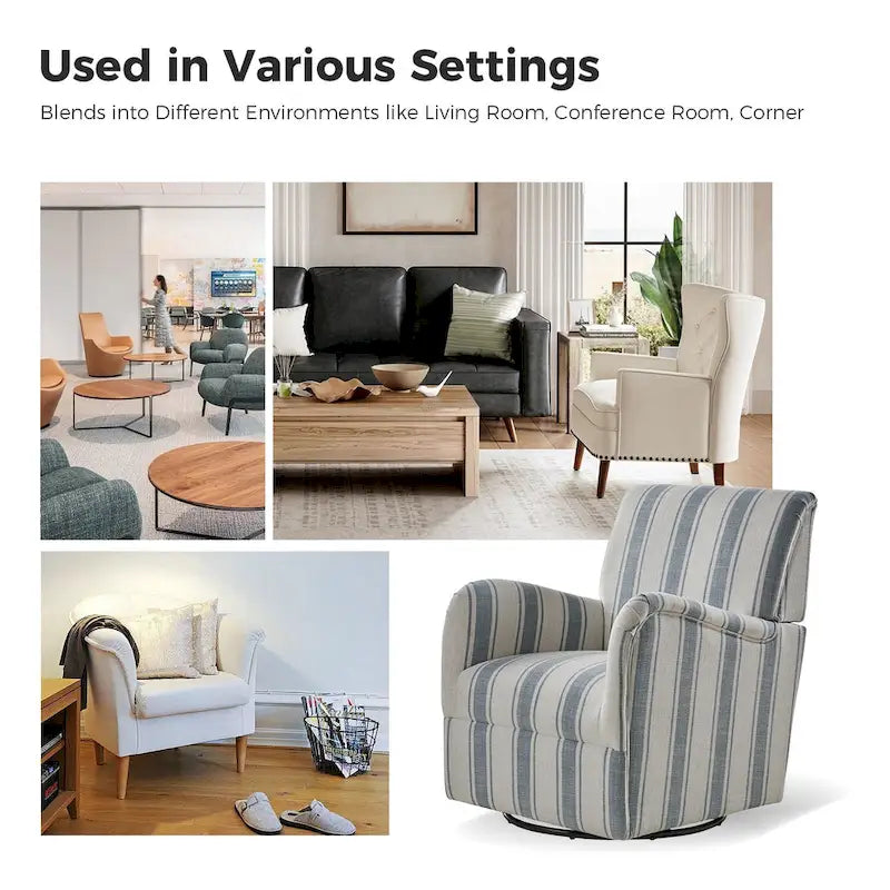 Black/Navy/Grey/Blue Jacobean Stripe Traditional Swivel Armchair, Single Seat