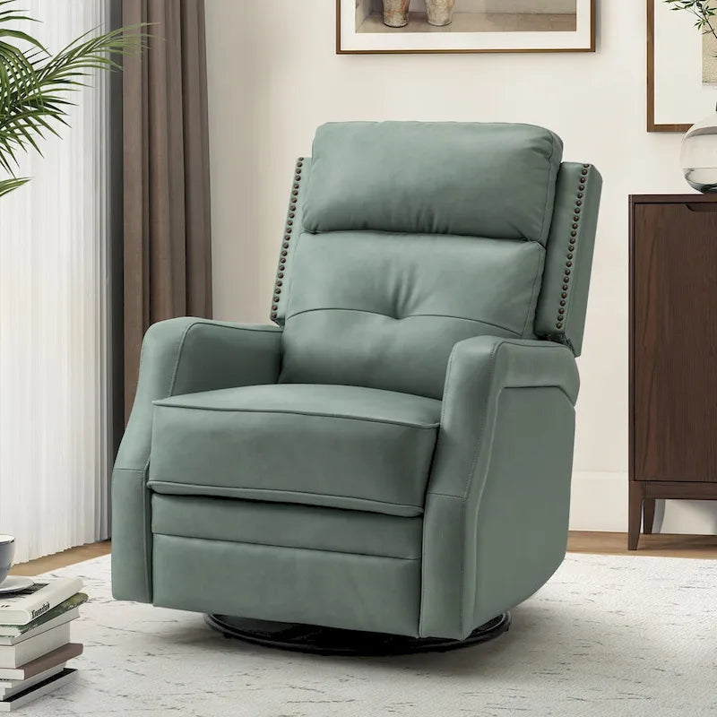 Tufted Leather Swivel Recliner Chair with Metal Base, Single Seat