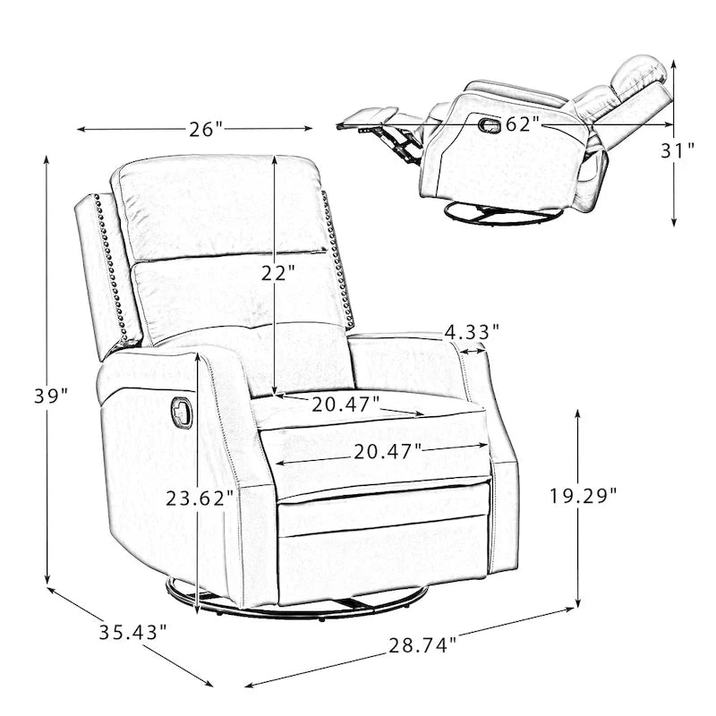 Tufted Leather Swivel Recliner Chair with Metal Base, Single Seat