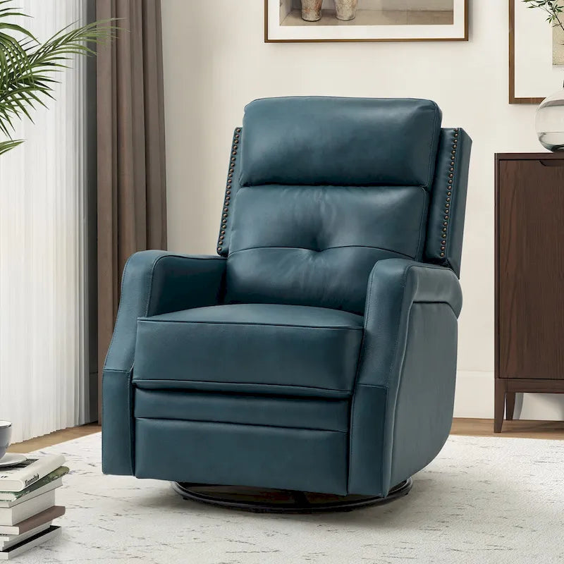 Tufted Leather Swivel Recliner Chair with Metal Base, Single Seat