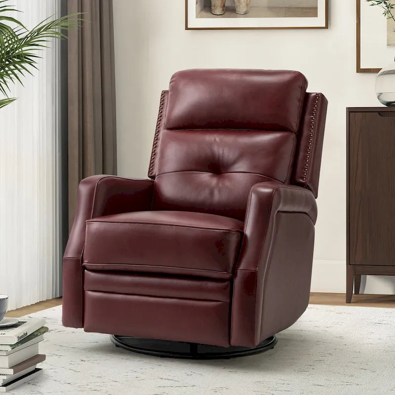 Tufted Leather Swivel Recliner Chair with Metal Base, Single Seat