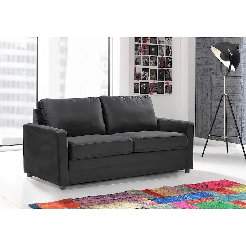 Velvet Square Arms Pull-Out Sofa Bed, 2-Seater (Black/Burgundy/Grey/Blue/Pink)