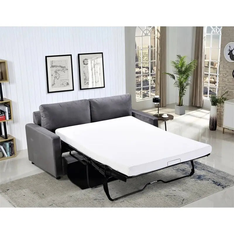Velvet Square Arms Pull-Out Sofa Bed, 2-Seater (Black/Burgundy/Grey/Blue/Pink)