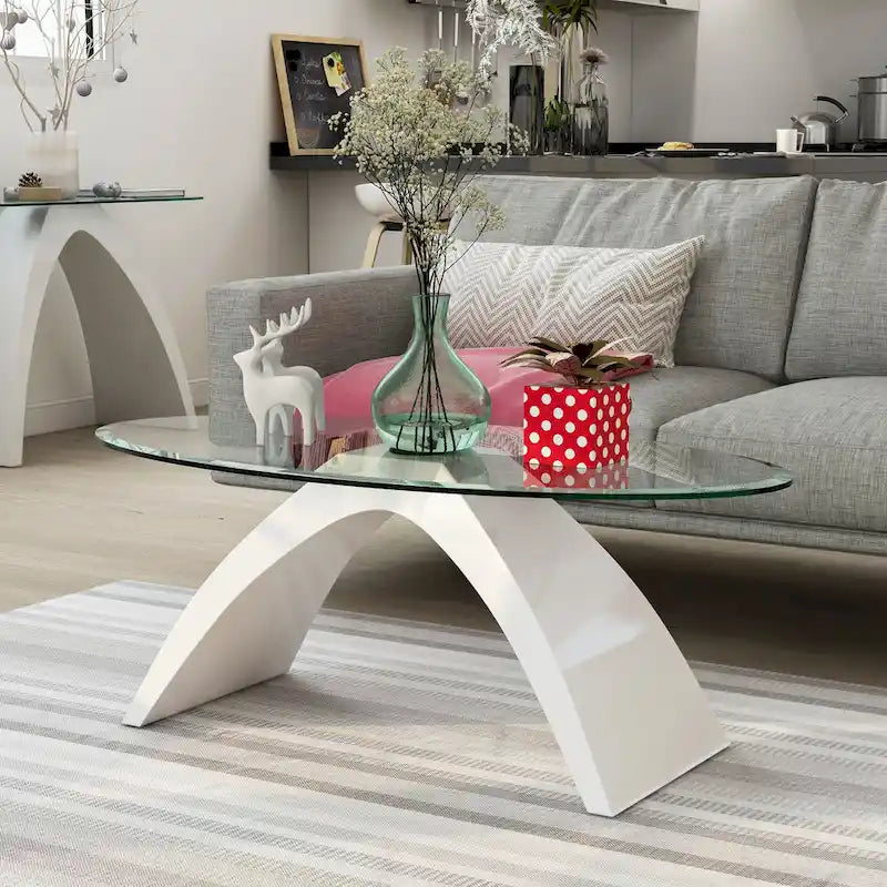 Black / Grey / White High Gloss Modern Oval Glass Top Coffee Table