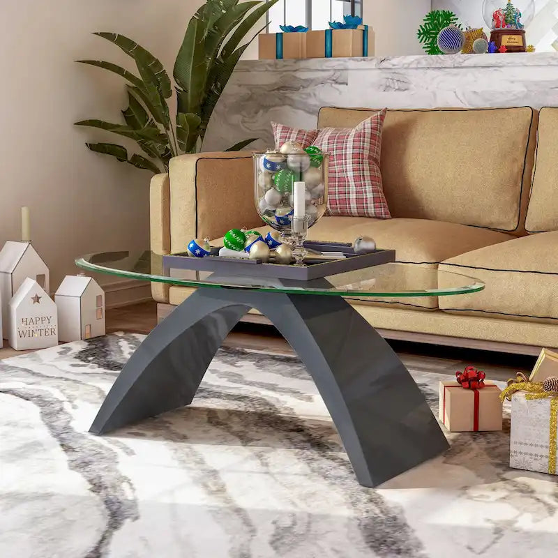 Black / Grey / White High Gloss Modern Oval Glass Top Coffee Table