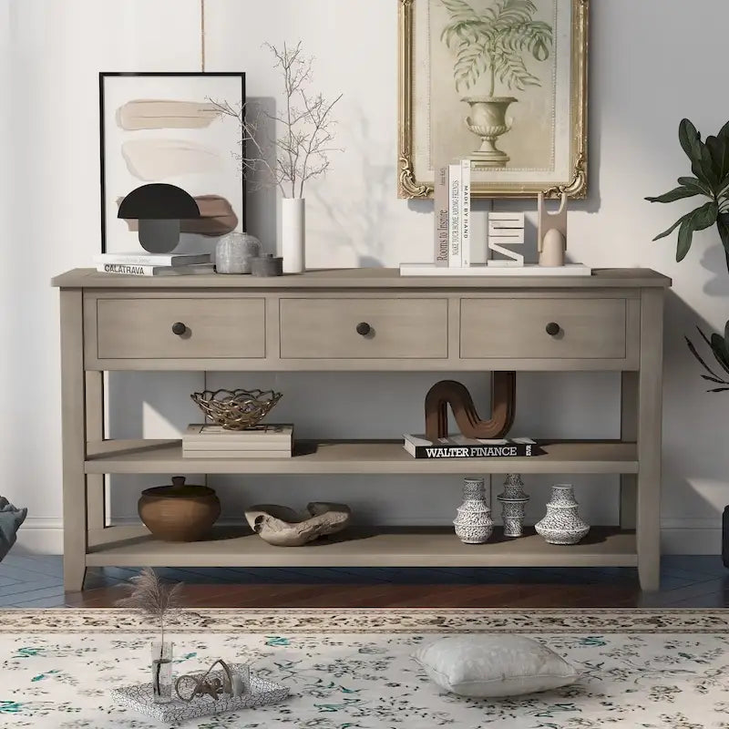 Antique Gray / White / Navy / Espresso Mid-Century Console Table with 3 Drawers & 2 Shelves, Single-User