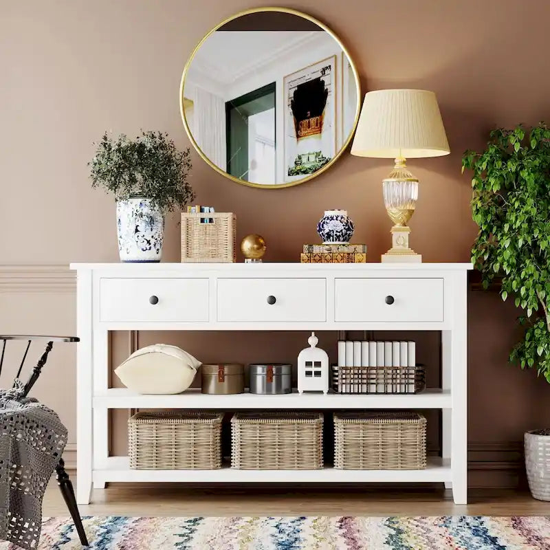 Antique Gray / White / Navy / Espresso Mid-Century Console Table with 3 Drawers & 2 Shelves, Single-User