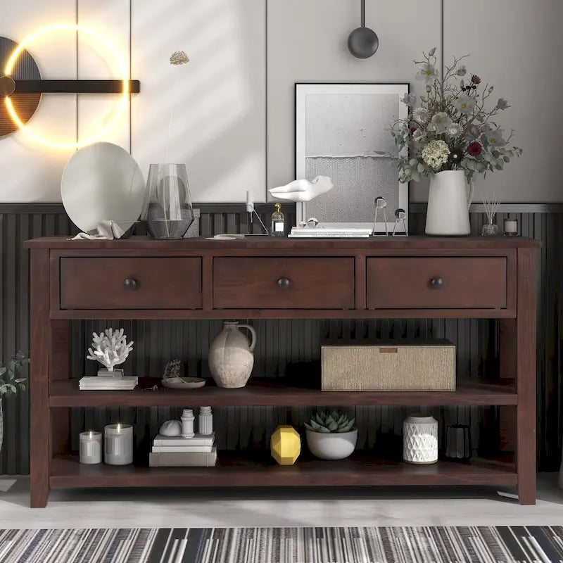 Antique Gray / White / Navy / Espresso Mid-Century Console Table with 3 Drawers & 2 Shelves, Single-User