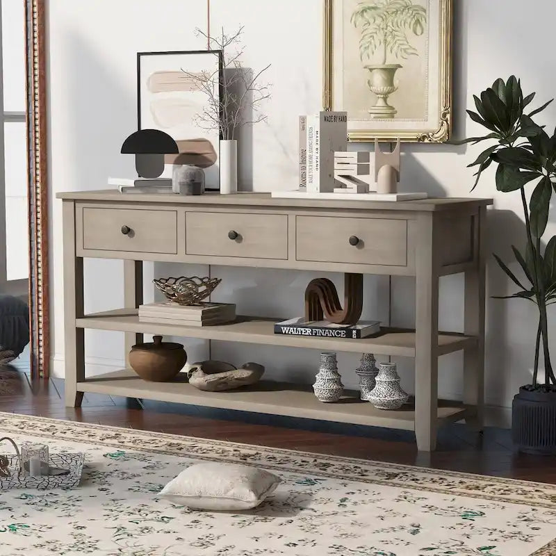 Antique Gray / White / Navy / Espresso Mid-Century Console Table with 3 Drawers & 2 Shelves, Single-User