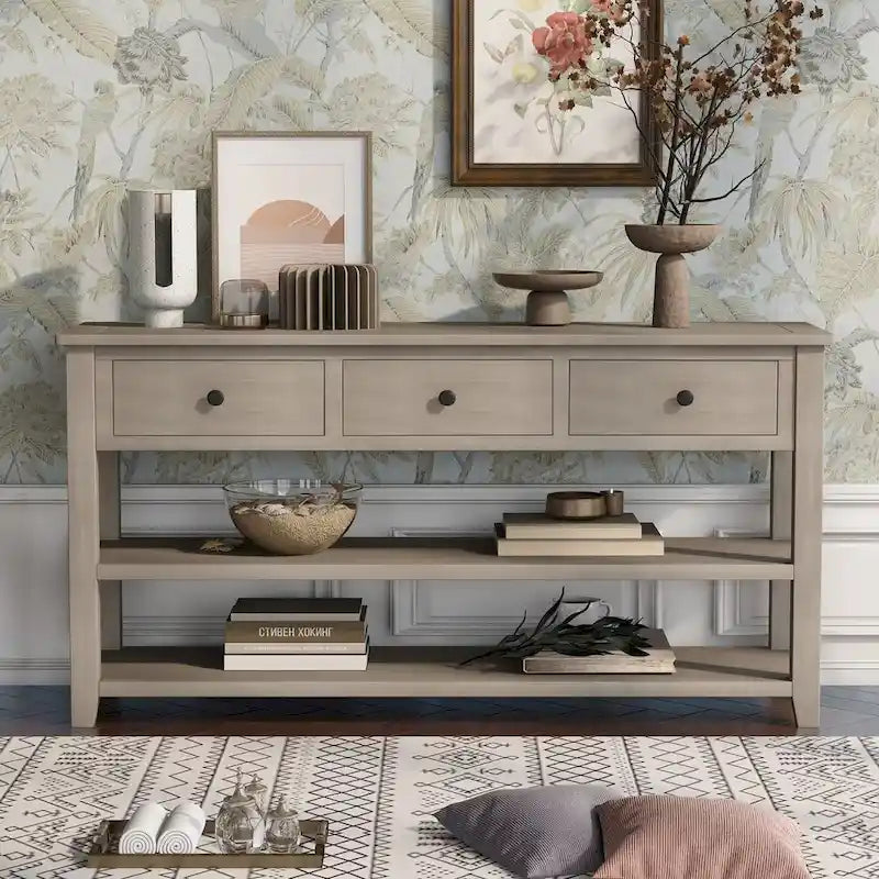 Antique Gray / White / Navy / Espresso Mid-Century Console Table with 3 Drawers & 2 Shelves, Single-User