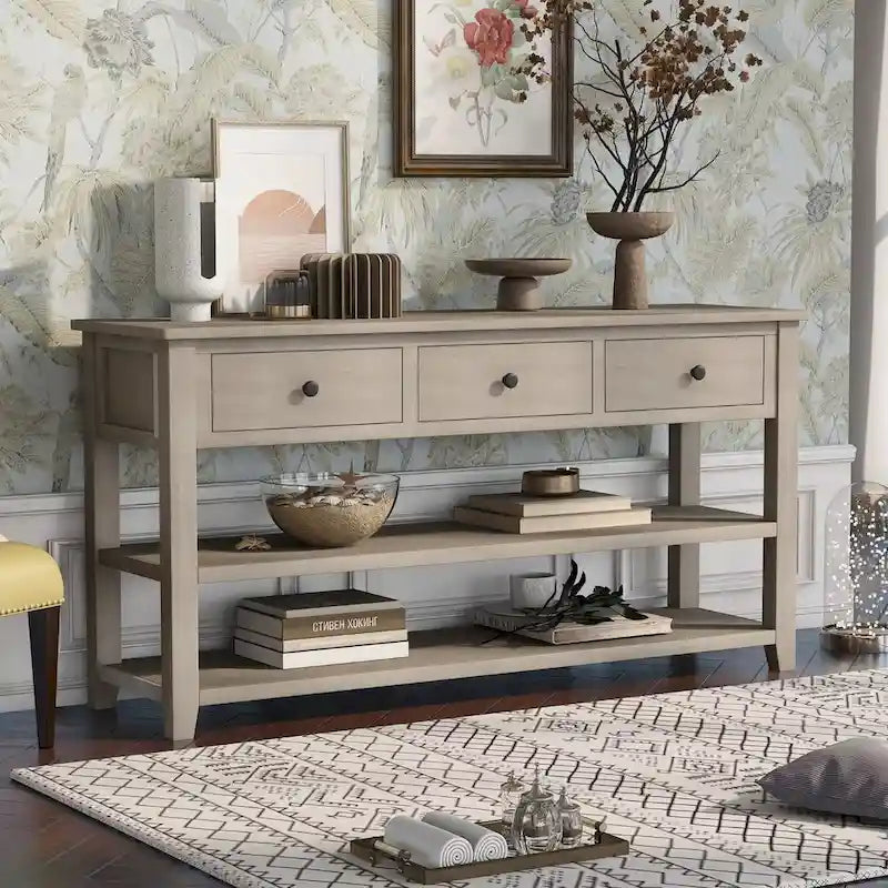 Antique Gray / White / Navy / Espresso Mid-Century Console Table with 3 Drawers & 2 Shelves, Single-User