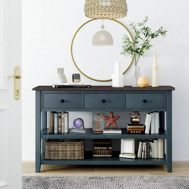 Antique Gray / White / Navy / Espresso Mid-Century Console Table with 3 Drawers & 2 Shelves, Single-User
