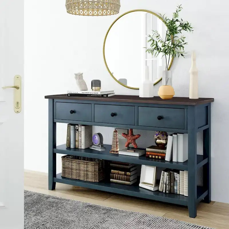 Antique Gray / White / Navy / Espresso Mid-Century Console Table with 3 Drawers & 2 Shelves, Single-User