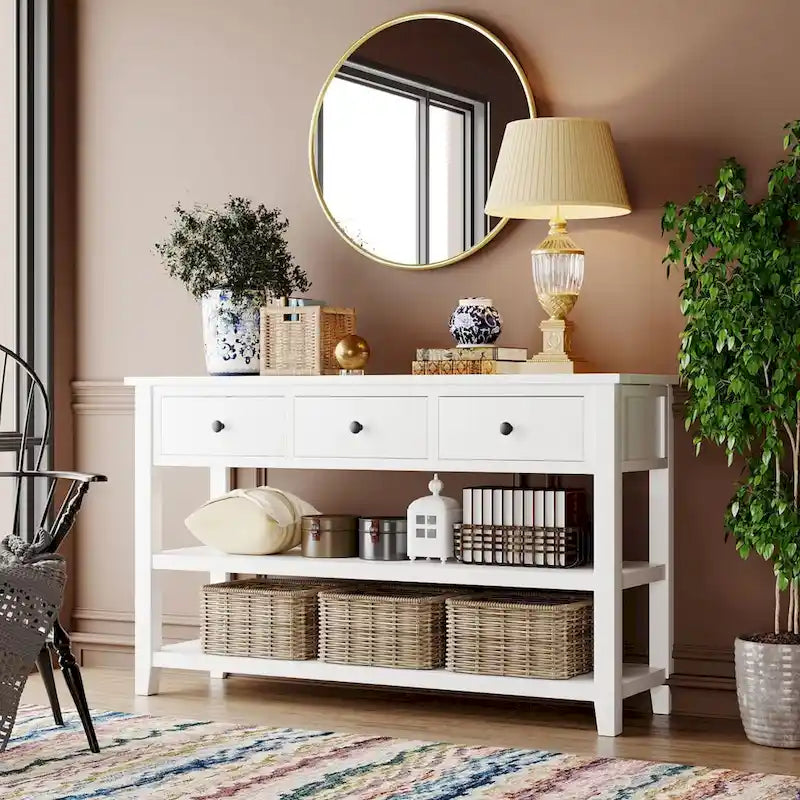 Antique Gray / White / Navy / Espresso Mid-Century Console Table with 3 Drawers & 2 Shelves, Single-User