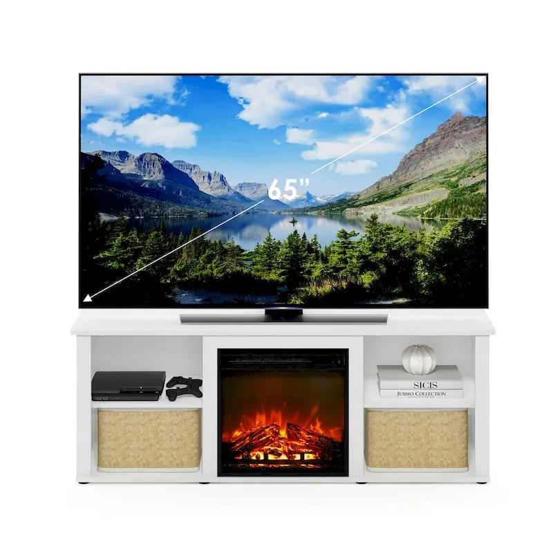 60" TV Stand with Electric Fireplace – White / Grey / Brown, Adjustable Shelves, Fits 1 Room
