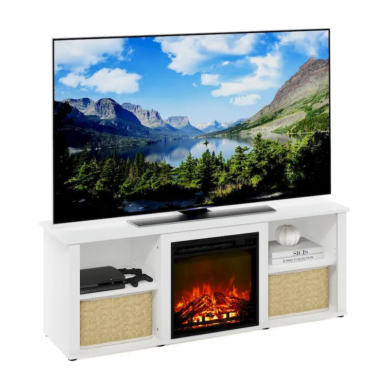 60" TV Stand with Electric Fireplace – White / Grey / Brown, Adjustable Shelves, Fits 1 Room