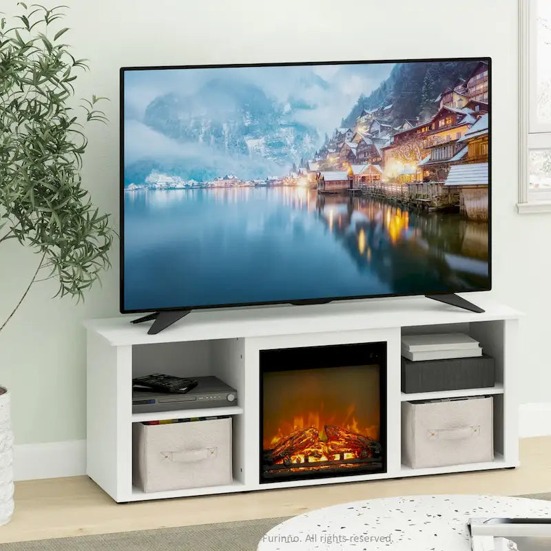 60" TV Stand with Electric Fireplace – White / Grey / Brown, Adjustable Shelves, Fits 1 Room