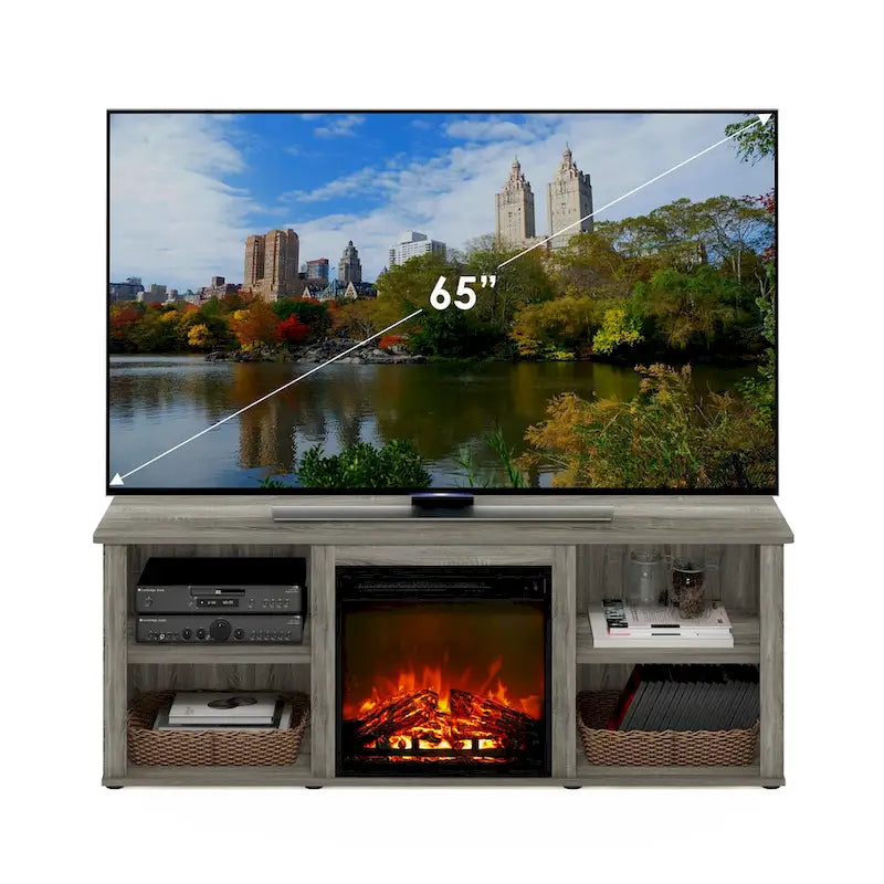 60" TV Stand with Electric Fireplace – White / Grey / Brown, Adjustable Shelves, Fits 1 Room