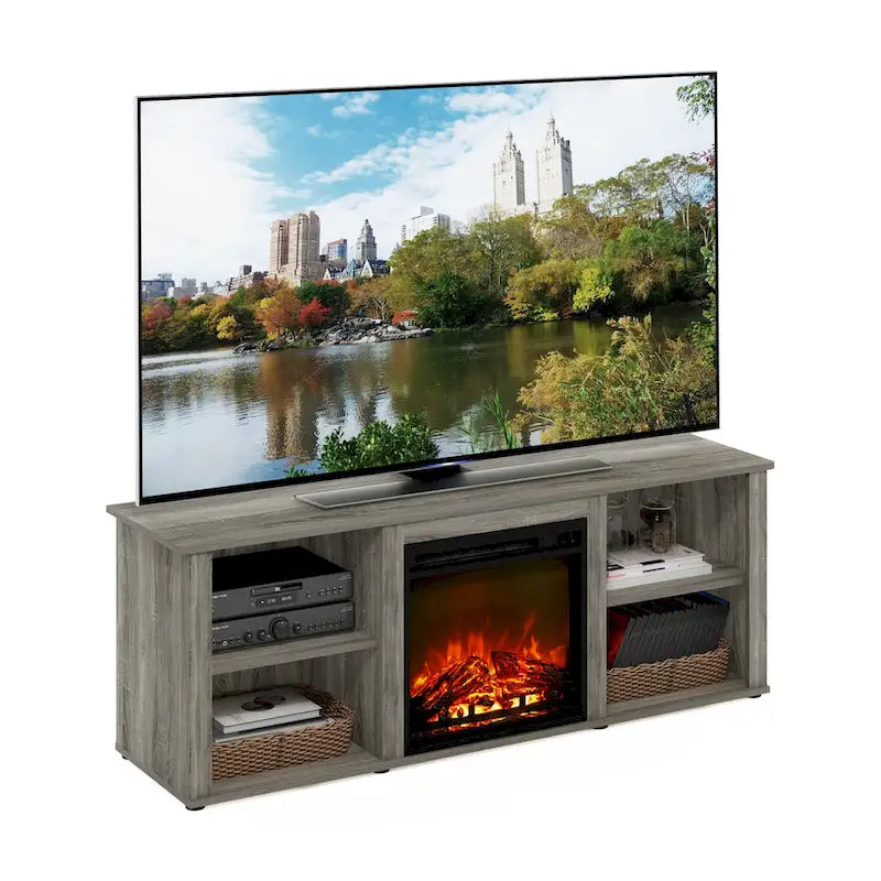 60" TV Stand with Electric Fireplace – White / Grey / Brown, Adjustable Shelves, Fits 1 Room