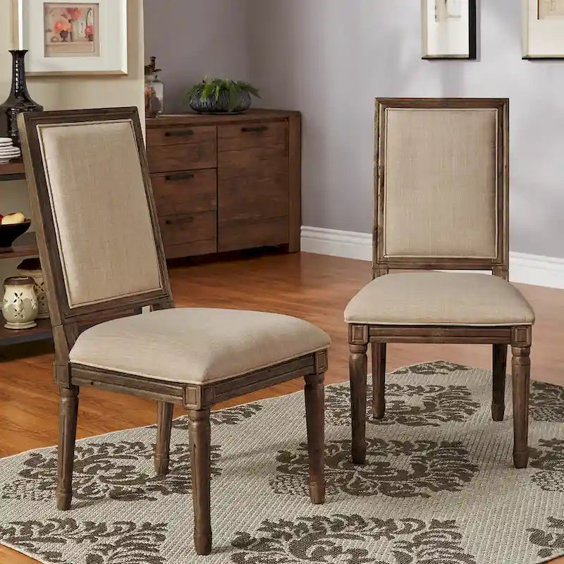 Linen Rectangular Dining Chair, Set of 2 – Beige / Dark Grey / Grey, Natural / Brown / Antique Grey Oak Finish