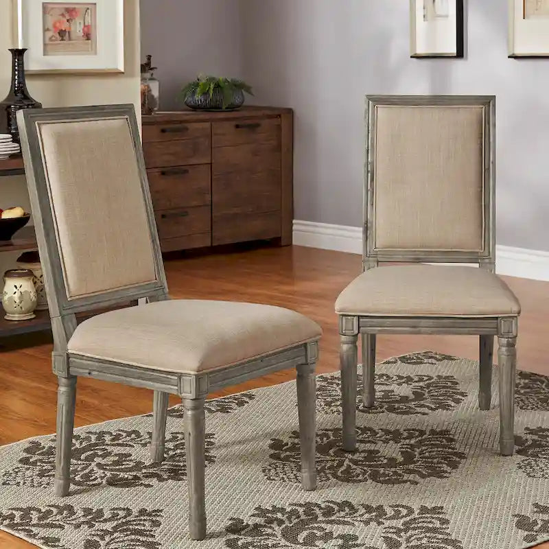 Linen Rectangular Dining Chair, Set of 2 – Beige / Dark Grey / Grey, Natural / Brown / Antique Grey Oak Finish