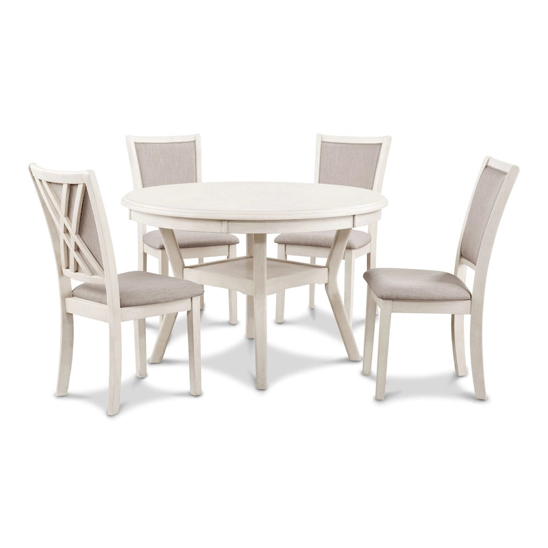 Round Dining Table Set for 4 – Farmhouse Style, Natural Beige / Grey / Cherry, 5-Piece