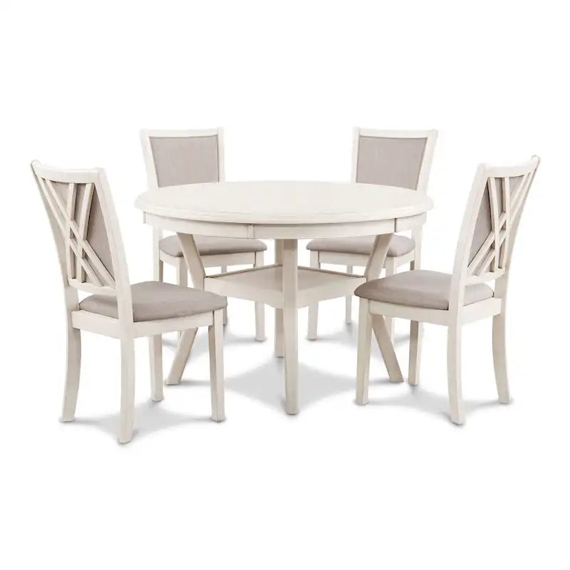 Round Dining Table Set for 4 – Farmhouse Style, Natural Beige / Grey / Cherry, 5-Piece