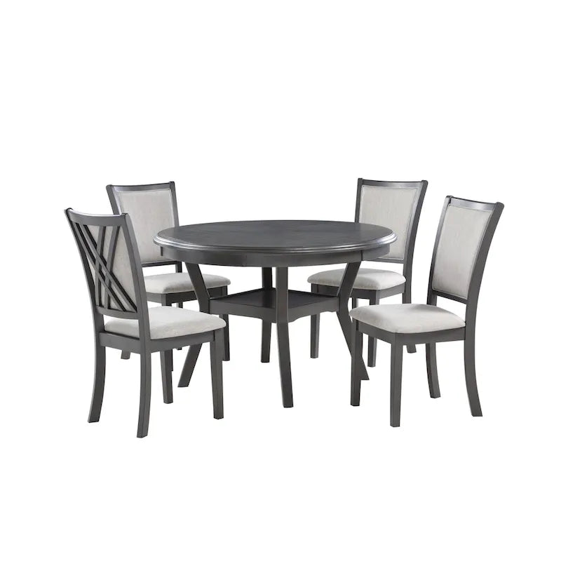 Round Dining Table Set for 4 – Farmhouse Style, Natural Beige / Grey / Cherry, 5-Piece