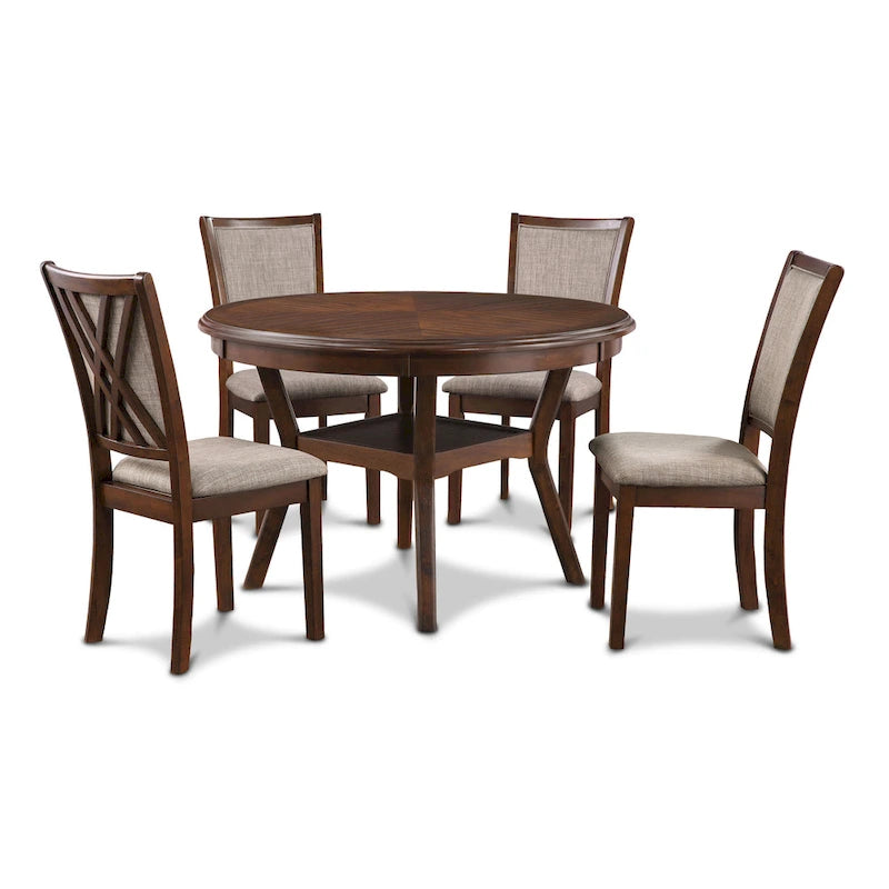 Round Dining Table Set for 4 – Farmhouse Style, Natural Beige / Grey / Cherry, 5-Piece