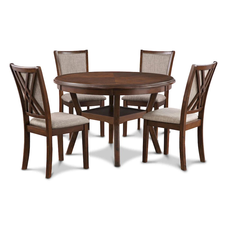 Round Dining Table Set for 4 – Farmhouse Style, Natural Beige / Grey / Cherry, 5-Piece