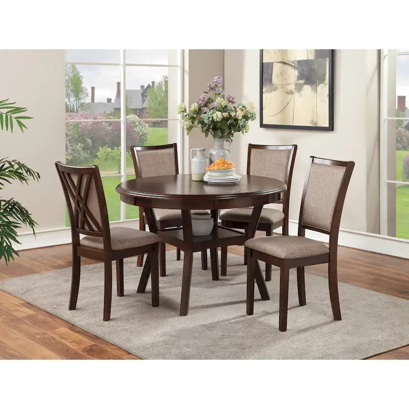 Round Dining Table Set for 4 – Farmhouse Style, Natural Beige / Grey / Cherry, 5-Piece