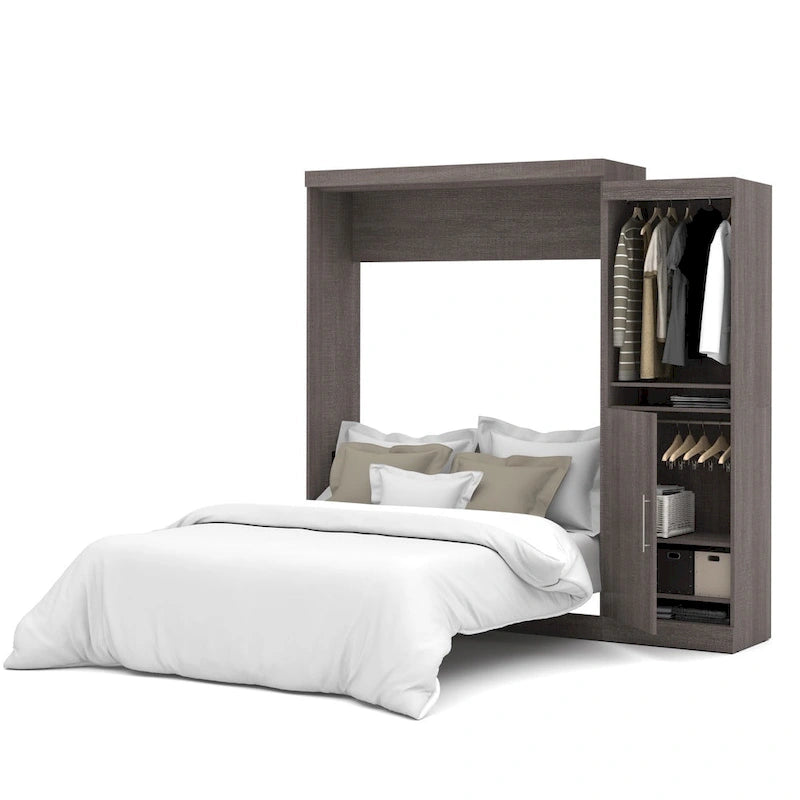 White/Grey/Antigua Queen Murphy Wall Bed with Closet Organizer & Doors, 2-Person Assembly, 90W
