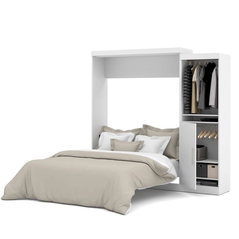 White/Grey/Antigua Queen Murphy Wall Bed with Closet Organizer & Doors, 2-Person Assembly, 90W